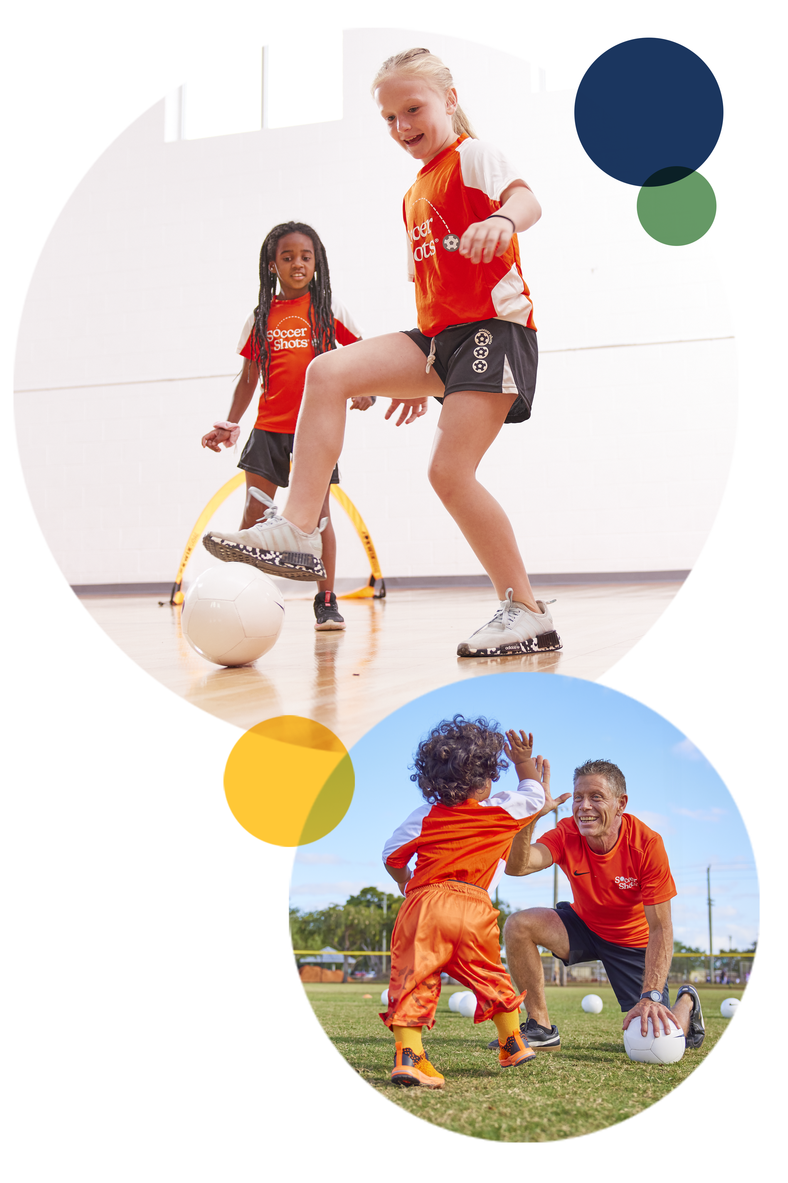 Two girls playing soccer indoors. Soccer Shots coach high-fiving a little boy.