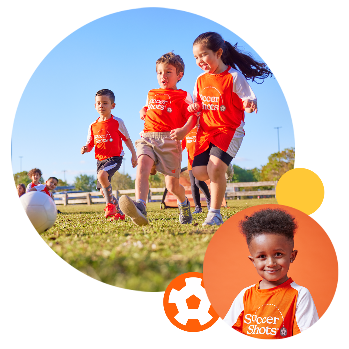 Two images. One is a group of children playing soccer. The second image is a closeup of a boy smiling.