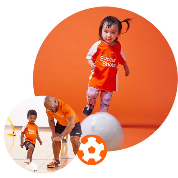 Two images. Little girl kicking a soccer ball. Soccer Shots Coach instructing a little boy indoors.