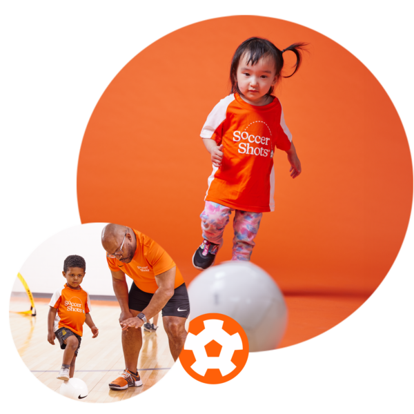 Two images. Little girl kicking a soccer ball. Soccer Shots Coach instructing a little boy indoors.