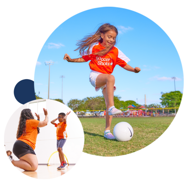 Two images. One is a girl practicing toe taps. The second one is a coach giving high-fives to a boy indoors.