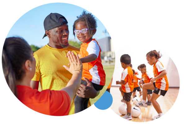 Two images. One is a father holding his daughter while she gives a Soccer Shots coach a high-five. Second image are kids indoors practicing toe taps.