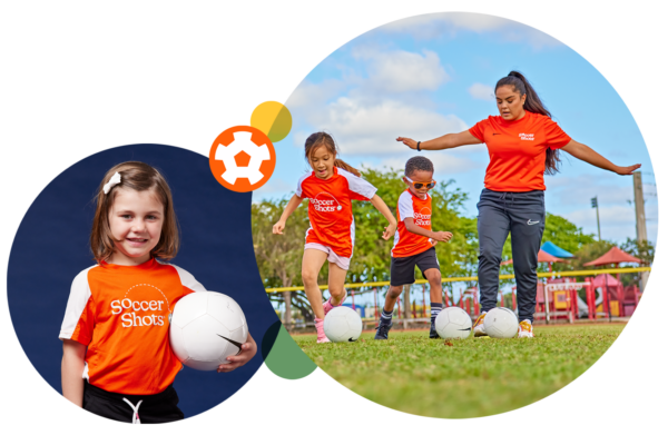 Two images. Soccer Shots coach instructing a boy and girl. Girl in Soccer Shots jersey holding a soccer ball.