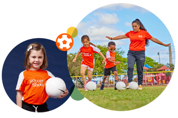 Two images. Soccer Shots coach instructing a boy and girl. Girl in Soccer Shots jersey holding a soccer ball.