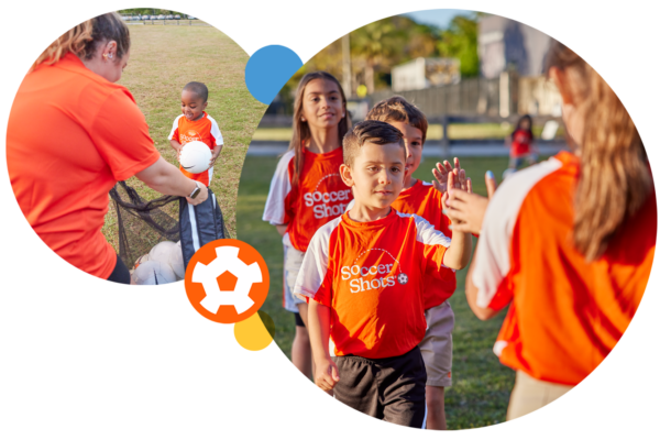 Two images. Boy giving a high-five to a girl. Little boy helping a Soccer Shots coach pick up soccer balls.