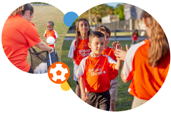 Two images. Boy giving a high-five to a girl. Little boy helping a Soccer Shots coach pick up soccer balls.