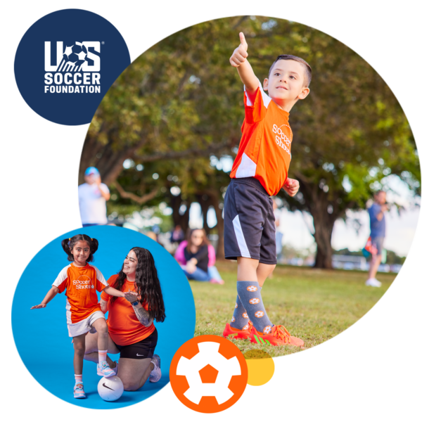 Two images. One image is a boy giving thumbs up. Second image is a Soccer Shots coach helping a girl practice the control skill.