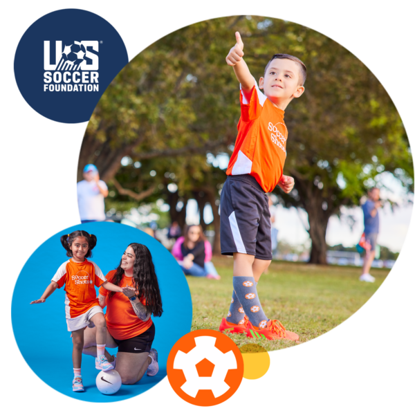 Two images. One image is a boy giving thumbs up. Second image is a Soccer Shots coach helping a girl practice the control skill.