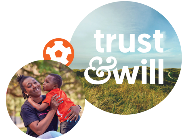 Trust & Will logo with a mom and a boy hugging in a Soccer Shots jersey