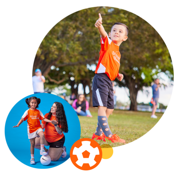 Two images. One image is a boy giving thumbs up. Second image is a Soccer Shots coach helping a girl practice the control skill.