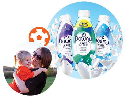 Downy Rinse product image with mom and Soccer Shots girl